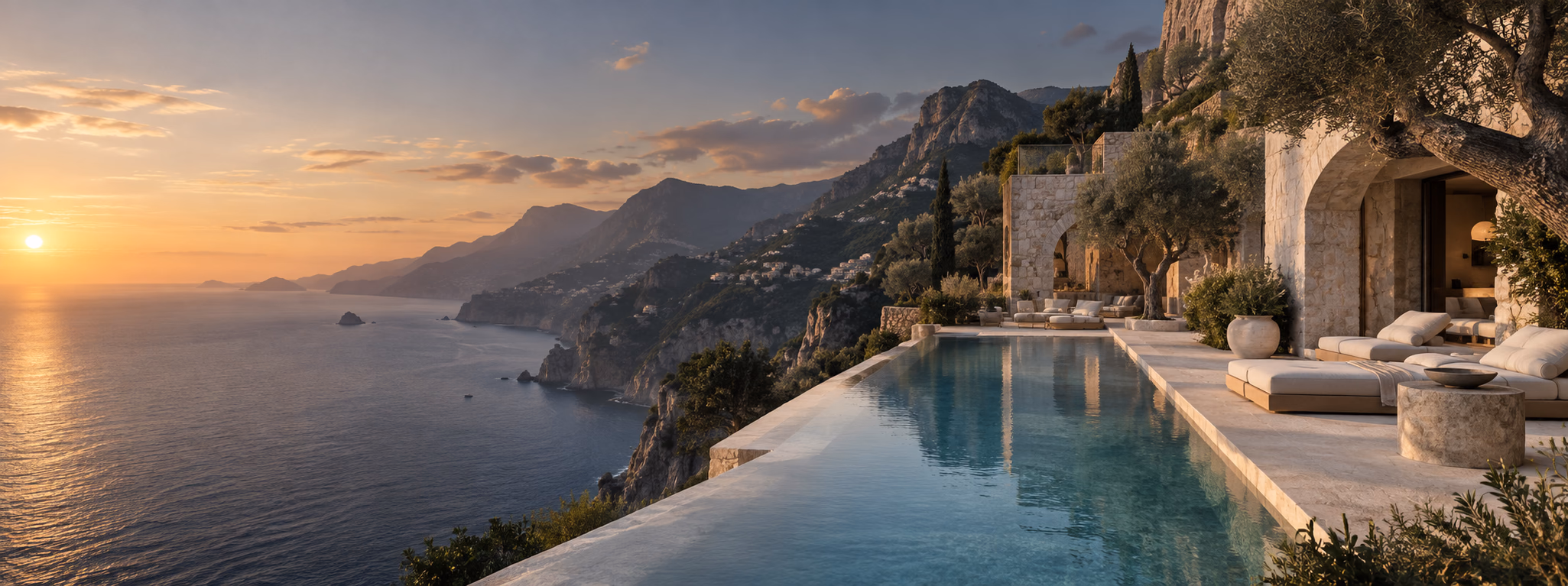 Mediterranean retreat at sunset